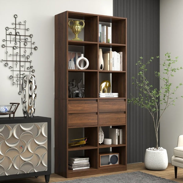 English Elm Open Cubby Shelving Unit with 4 Drawers Tall Freestanding Modern Display Cabinet W331P457149