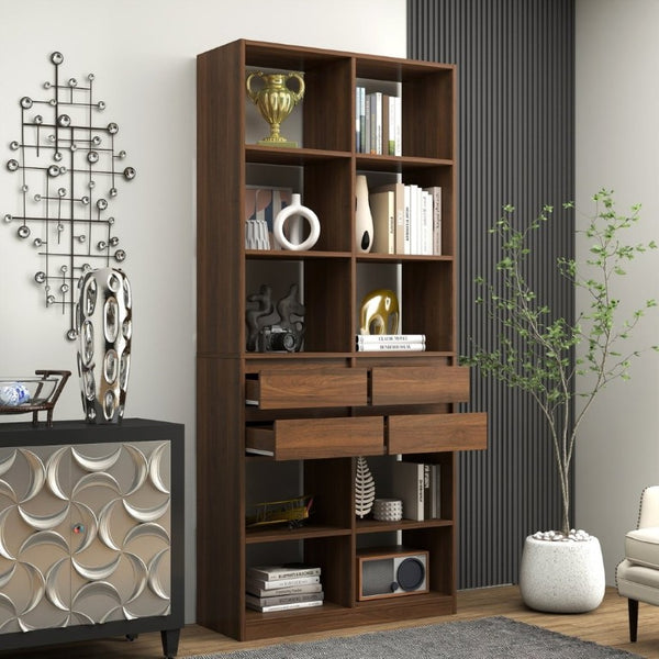 English Elm Open Cubby Shelving Unit with 4 Drawers Tall Freestanding Modern Display Cabinet W331P457149