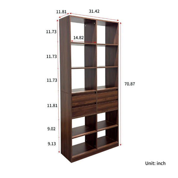 English Elm Open Cubby Shelving Unit with 4 Drawers Tall Freestanding Modern Display Cabinet W331P457149