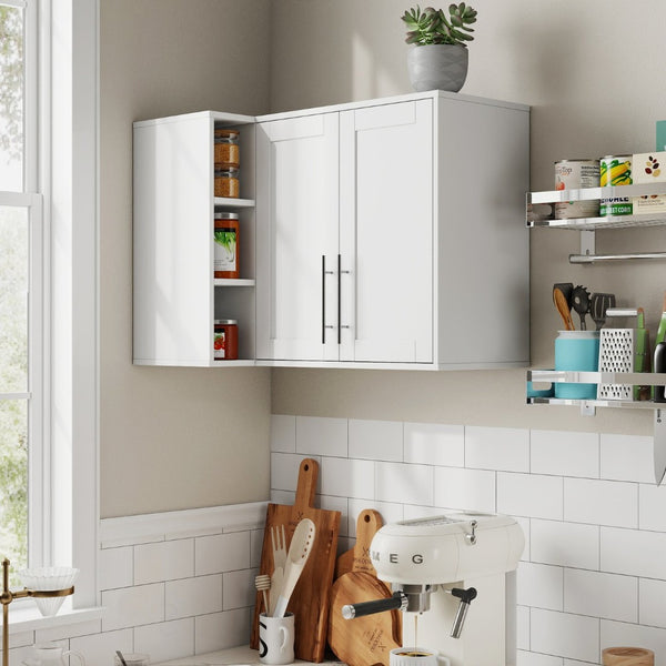 English Elm L Shaped Wall Mounted Cabinet with Open Shelving and Two Doors for Dining or Bath W331P466734