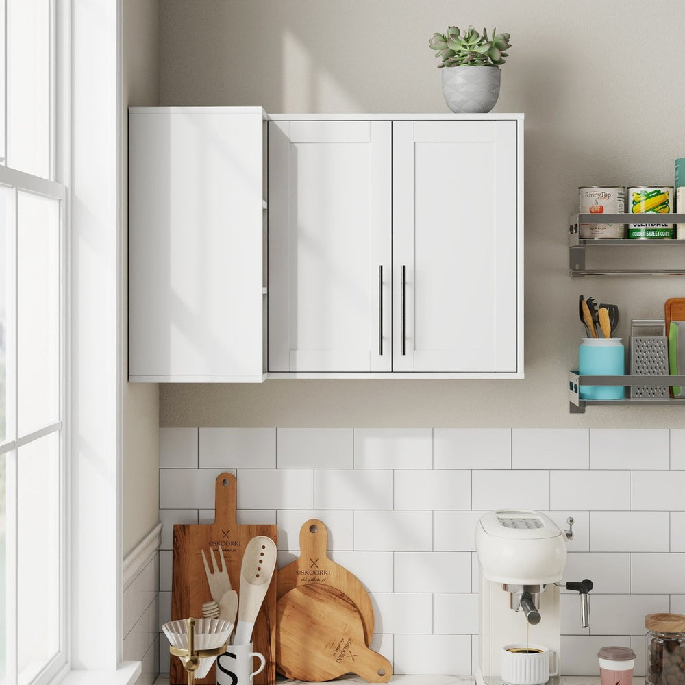 English Elm L Shaped Wall Mounted Cabinet with Open Shelving and Two Doors for Dining or Bath W331P466734