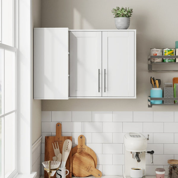 English Elm L Shaped Wall Mounted Cabinet with Open Shelving and Two Doors for Dining or Bath W331P466734