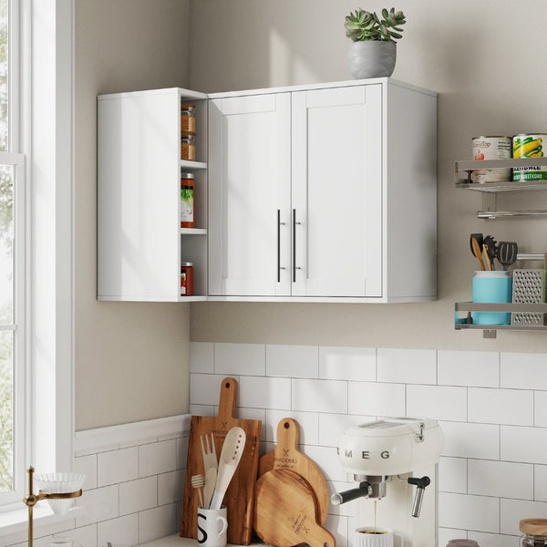 English Elm L Shaped Wall Mounted Cabinet with Open Shelving and Two Doors for Dining or Bath W331P466734