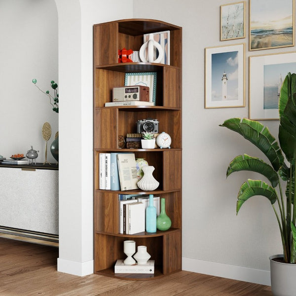 English Elm Corner Six Tier Open Bookshelf Curved Edge Melamine Display Unit for Small Spaces W331P469239