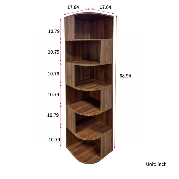 English Elm Corner Six Tier Open Bookshelf Curved Edge Melamine Display Unit for Small Spaces W331P469239