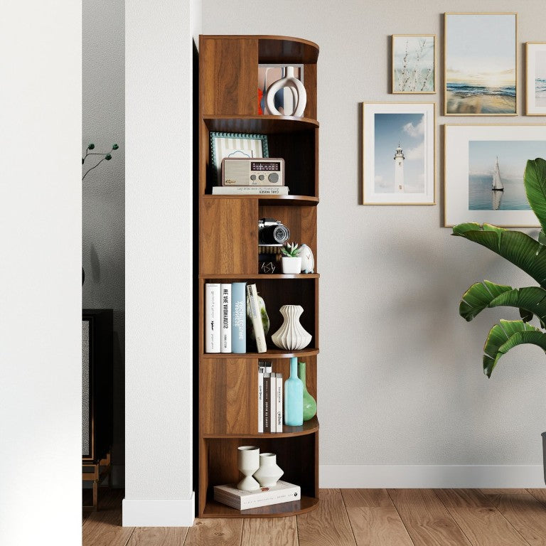 English Elm Corner Six Tier Open Bookshelf Curved Edge Melamine Display Unit for Small Spaces W331P469239