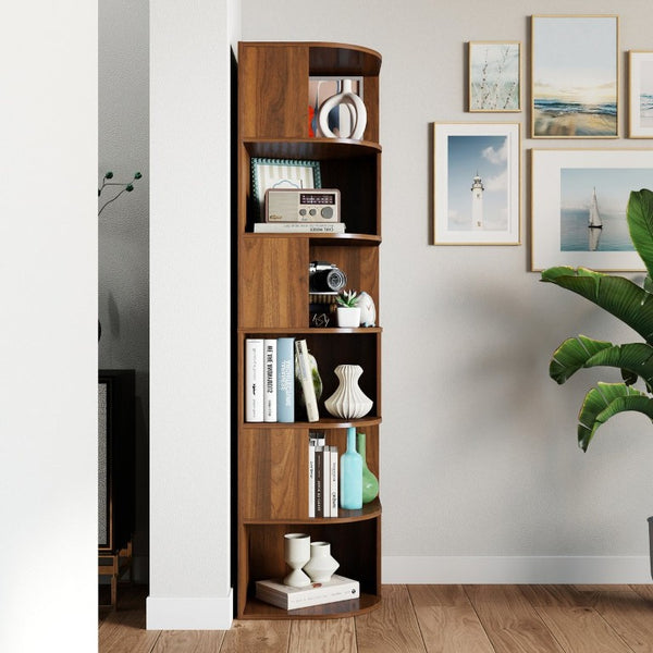 English Elm Corner Six Tier Open Bookshelf Curved Edge Melamine Display Unit for Small Spaces W331P469239