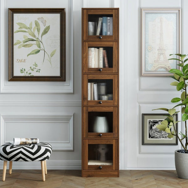 English Elm 5-Tier Slim Bookcase with Fluted Glass Lift Doors Dust-Proof Vertical Display Tower W331P470190