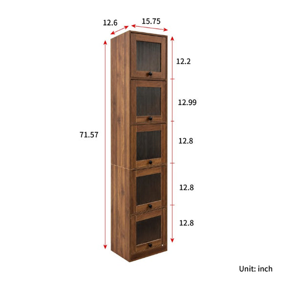 English Elm 5-Tier Slim Bookcase with Fluted Glass Lift Doors Dust-Proof Vertical Display Tower W331P470190