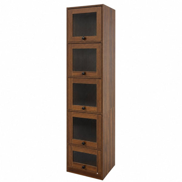English Elm 5-Tier Slim Bookcase with Fluted Glass Lift Doors Dust-Proof Vertical Display Tower W331P470190