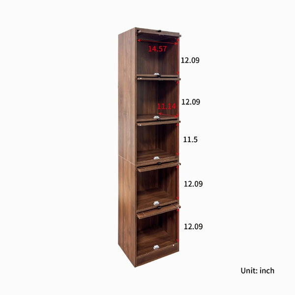 English Elm 5-Tier Slim Bookcase with Fluted Glass Lift Doors Dust-Proof Vertical Display Tower W331P470190