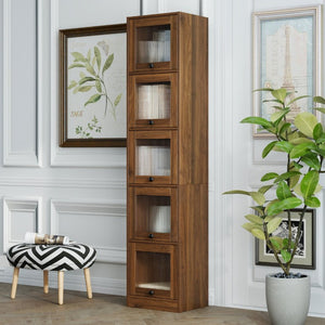 English Elm 5-Tier Slim Bookcase with Fluted Glass Lift Doors Dust-Proof Vertical Display Tower W331P470190