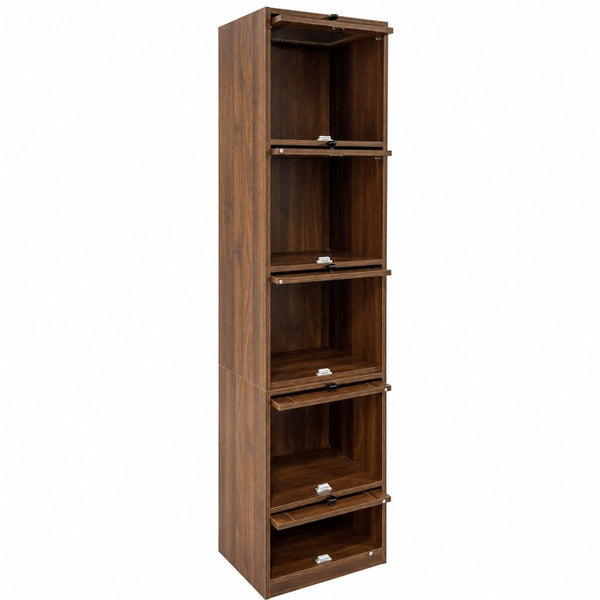 English Elm 5-Tier Slim Bookcase with Fluted Glass Lift Doors Dust-Proof Vertical Display Tower W331P470190