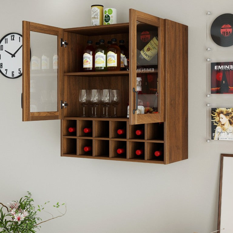 English Elm Wall-Mounted Wine Cabinet Glass Door Storage Organizer for Kitchen or Dining Bar W331P474005