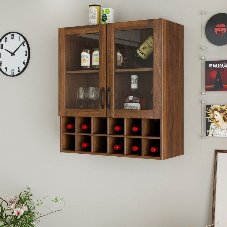 English Elm Wall-Mounted Wine Cabinet Glass Door Storage Organizer for Kitchen or Dining Bar W331P474005