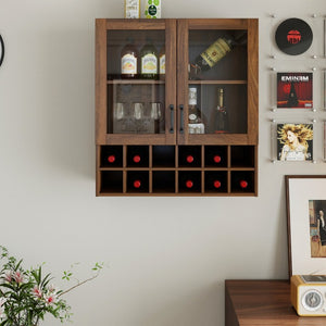 English Elm Wall-Mounted Wine Cabinet Glass Door Storage Organizer for Kitchen or Dining Bar W331P474005