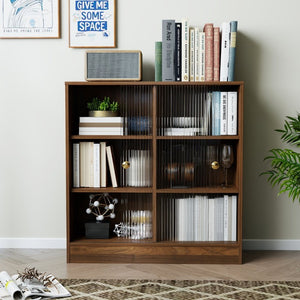 English Elm Bookshelf Cabinet with Sliding Glass Doors Three Open Shelves Vintage Modern Display W331P478260