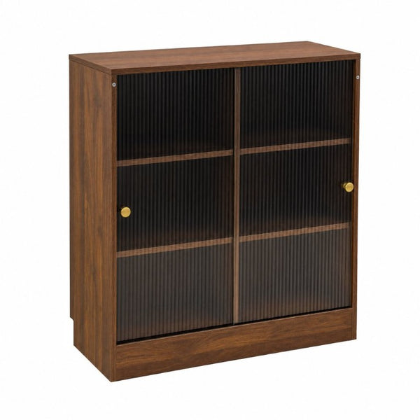 English Elm Bookshelf Cabinet with Sliding Glass Doors Three Open Shelves Vintage Modern Display W331P478260