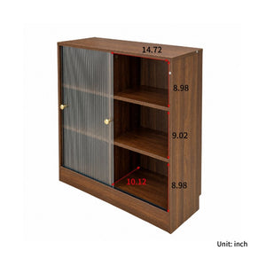 English Elm Bookshelf Cabinet with Sliding Glass Doors Three Open Shelves Vintage Modern Display W331P478260