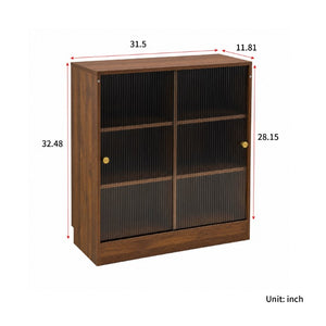English Elm Bookshelf Cabinet with Sliding Glass Doors Three Open Shelves Vintage Modern Display W331P478260