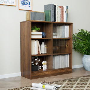 English Elm Bookshelf Cabinet with Sliding Glass Doors Three Open Shelves Vintage Modern Display W331P478260