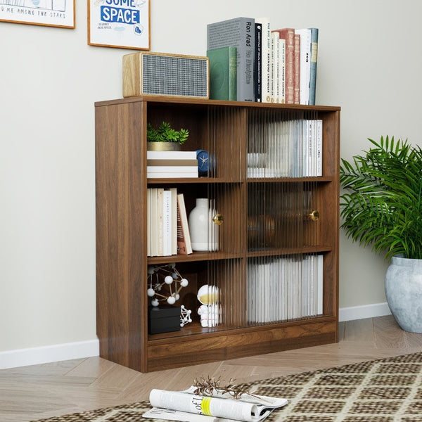English Elm Bookshelf Cabinet with Sliding Glass Doors Three Open Shelves Vintage Modern Display W331P478260