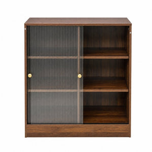 English Elm Bookshelf Cabinet with Sliding Glass Doors Three Open Shelves Vintage Modern Display W331P478260