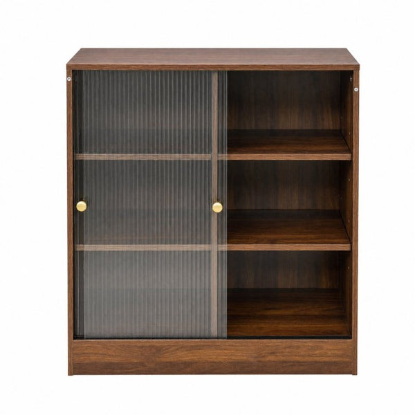 English Elm Bookshelf Cabinet with Sliding Glass Doors Three Open Shelves Vintage Modern Display W331P478260