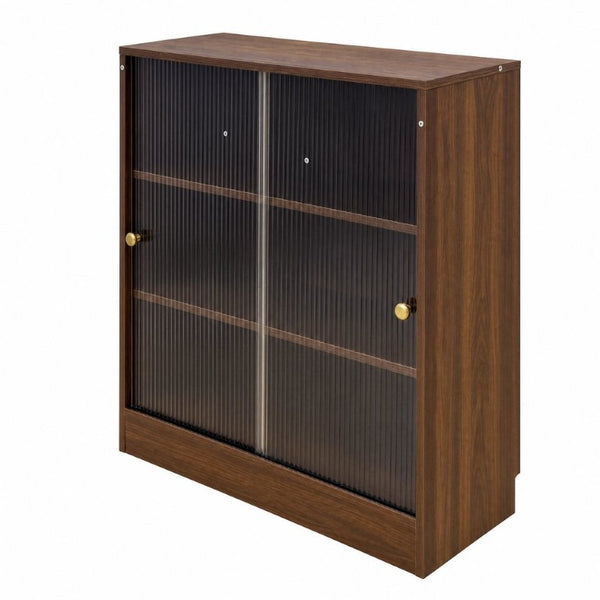 English Elm Bookshelf Cabinet with Sliding Glass Doors Three Open Shelves Vintage Modern Display W331P478260