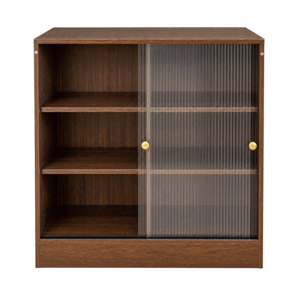 English Elm Bookshelf Cabinet with Sliding Glass Doors Three Open Shelves Vintage Modern Display W331P478260