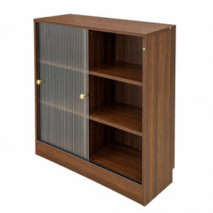 English Elm Bookshelf Cabinet with Sliding Glass Doors Three Open Shelves Vintage Modern Display W331P478260