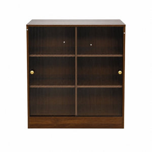 English Elm Bookshelf Cabinet with Sliding Glass Doors Three Open Shelves Vintage Modern Display W331P478260