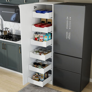 English Elm Tall Narrow Pantry Cabinet Freestanding Six Drawer White Kitchen Food Organizer W331P478441