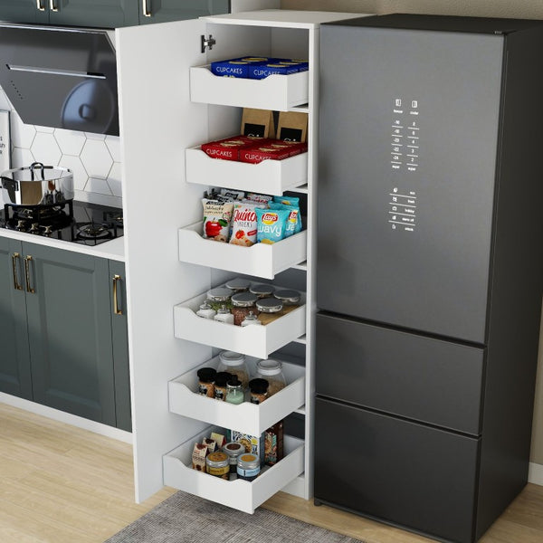 English Elm Tall Narrow Pantry Cabinet Freestanding Six Drawer White Kitchen Food Organizer W331P478441