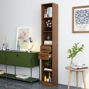 English Elm Tall Slim Tower Bookcase with Five Open Shelves and Two Drawers for Small Spaces W331P485806