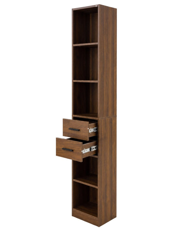 English Elm Tall Slim Tower Bookcase with Five Open Shelves and Two Drawers for Small Spaces W331P485806