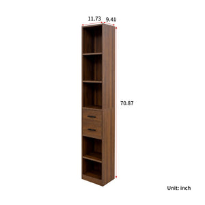 English Elm Tall Slim Tower Bookcase with Five Open Shelves and Two Drawers for Small Spaces W331P485806