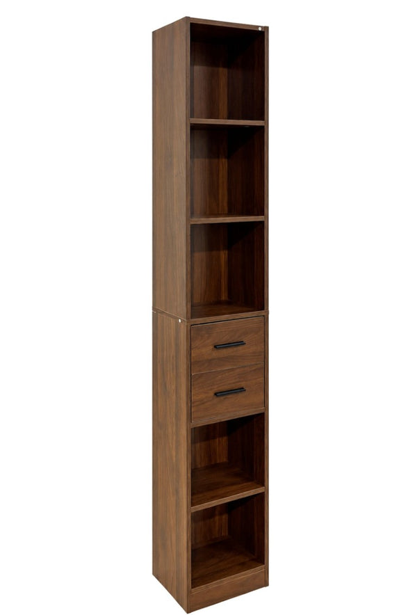 English Elm Tall Slim Tower Bookcase with Five Open Shelves and Two Drawers for Small Spaces W331P485806