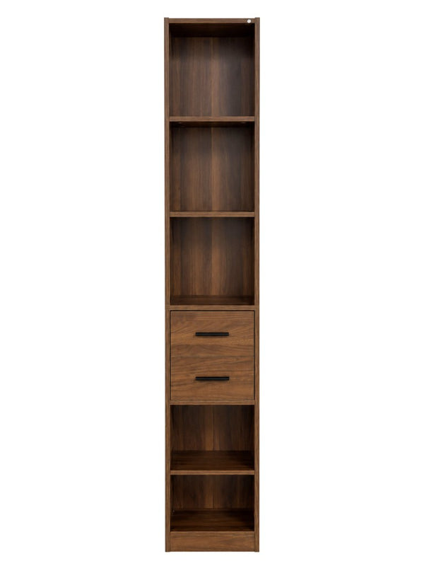 English Elm Tall Slim Tower Bookcase with Five Open Shelves and Two Drawers for Small Spaces W331P485806