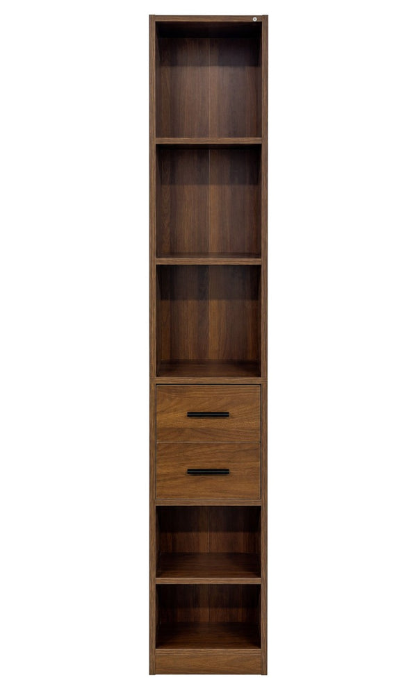 English Elm Tall Slim Tower Bookcase with Five Open Shelves and Two Drawers for Small Spaces W331P485806