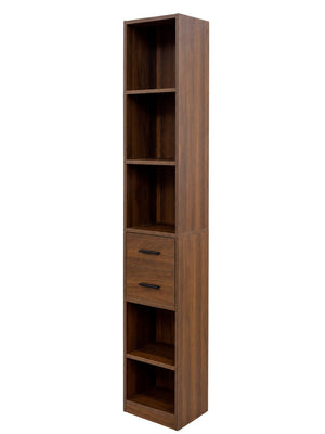 English Elm Tall Slim Tower Bookcase with Five Open Shelves and Two Drawers for Small Spaces W331P485806