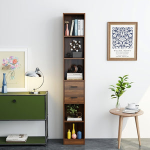 English Elm Tall Slim Tower Bookcase with Five Open Shelves and Two Drawers for Small Spaces W331P485806