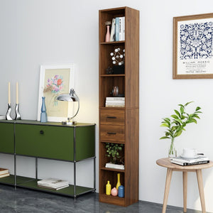 English Elm Tall Slim Tower Bookcase with Five Open Shelves and Two Drawers for Small Spaces W331P485806