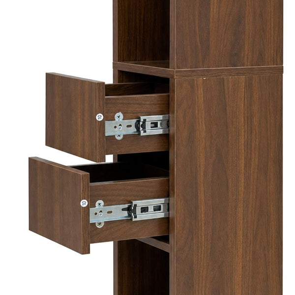 English Elm Tall Slim Tower Bookcase with Five Open Shelves and Two Drawers for Small Spaces W331P485806