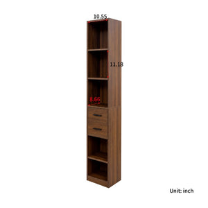 English Elm Tall Slim Tower Bookcase with Five Open Shelves and Two Drawers for Small Spaces W331P485806