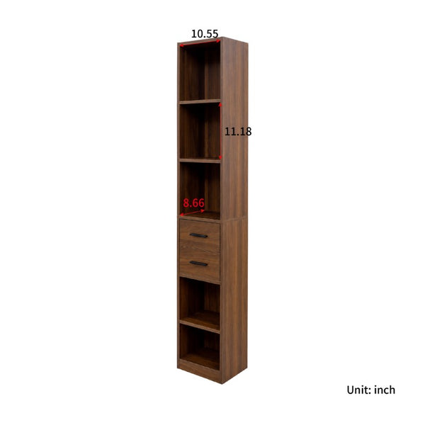 English Elm Tall Slim Tower Bookcase with Five Open Shelves and Two Drawers for Small Spaces W331P485806
