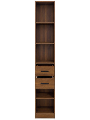 English Elm Tall Slim Tower Bookcase with Five Open Shelves and Two Drawers for Small Spaces W331P485806