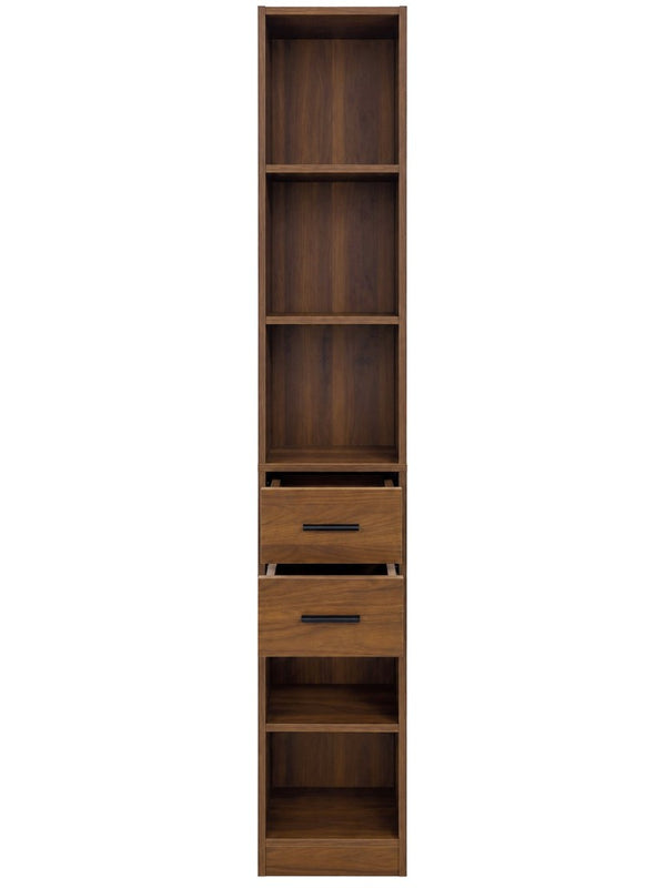 English Elm Tall Slim Tower Bookcase with Five Open Shelves and Two Drawers for Small Spaces W331P485806
