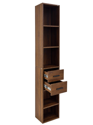English Elm Tall Slim Tower Bookcase with Five Open Shelves and Two Drawers for Small Spaces W331P485806
