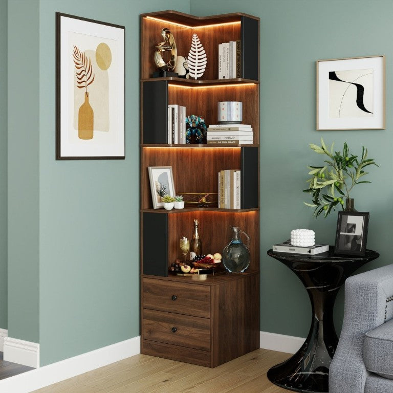 English Elm Corner Bookcase L Shaped 4 Tier Freestanding Shelf with LED Lights and Pull Out Drawers W331P497833